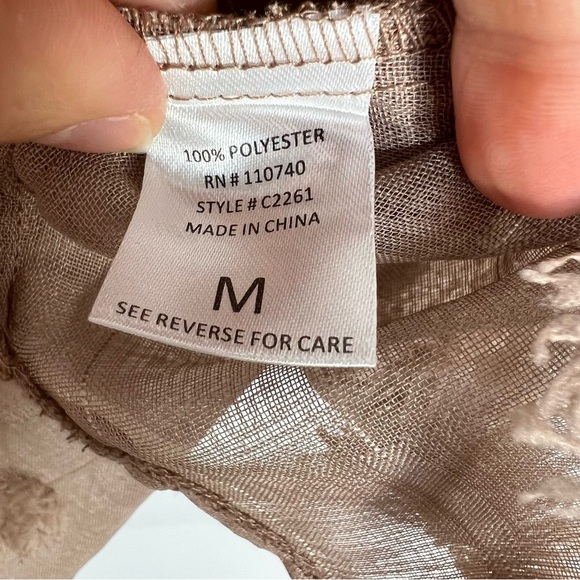 Taupe brown sheer statement puff sleeve pin stripe boxy oversized top M - Picture 13 of 14